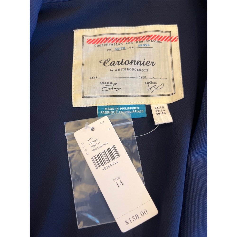 Cartonnier Anthropologie Navy Blue Blazer Tie Sleeve Career Jacket Sz 14